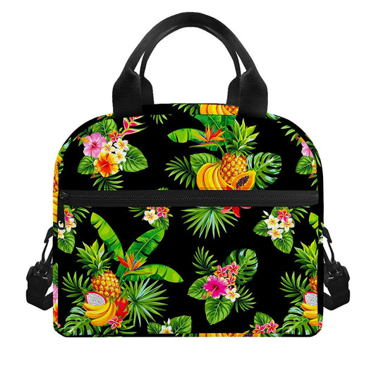 Black Tropical Hawaiian Pattern Print Insulated Lunch Bag