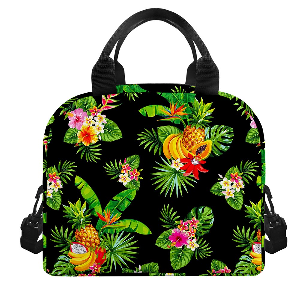 Black Tropical Hawaiian Pattern Print Insulated Lunch Bag