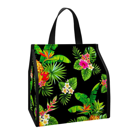 Black Tropical Hawaiian Pattern Print Insulated Lunch Tote
