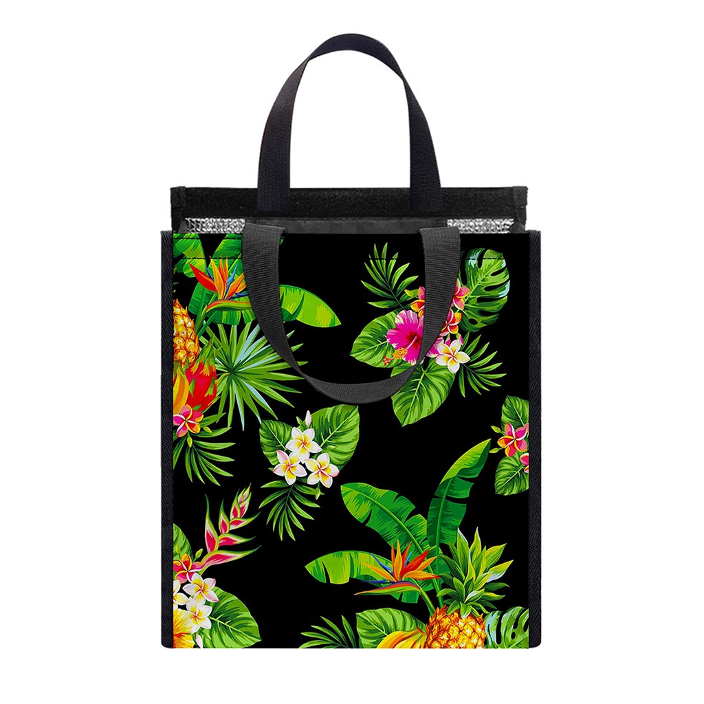 Black Tropical Hawaiian Pattern Print Insulated Lunch Tote