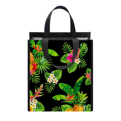 Black Tropical Hawaiian Pattern Print Insulated Lunch Tote