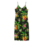 Black Tropical Hawaiian Pattern Print Jersey Midi Cami Dress