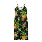 Black Tropical Hawaiian Pattern Print Jersey Midi Cami Dress