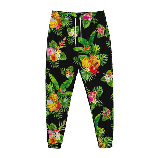 Black Tropical Hawaiian Pattern Print Jogger Pants