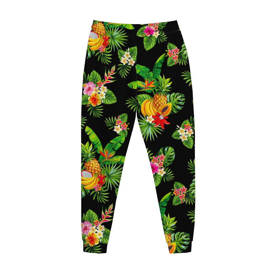 Black Tropical Hawaiian Pattern Print Jogger Pants