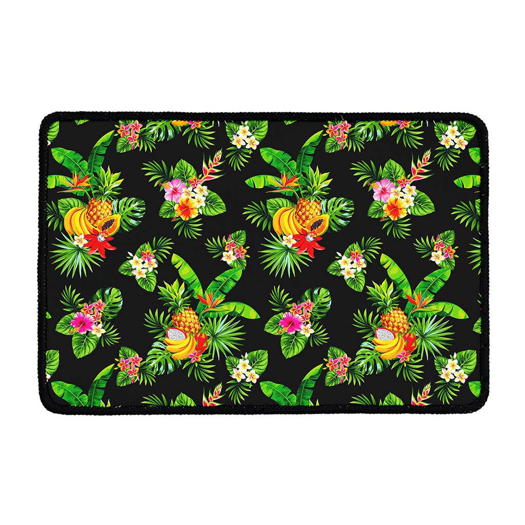 Black Tropical Hawaiian Pattern Print Kitchen Mat