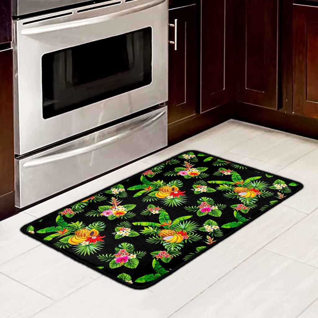 Black Tropical Hawaiian Pattern Print Kitchen Mat