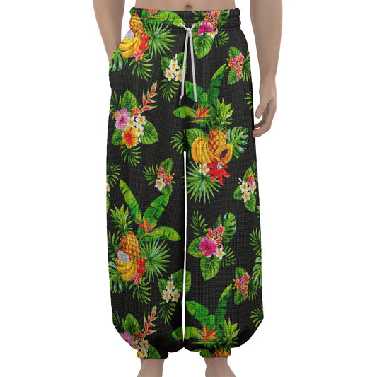 Black Tropical Hawaiian Pattern Print Lantern Pants