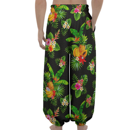 Black Tropical Hawaiian Pattern Print Lantern Pants