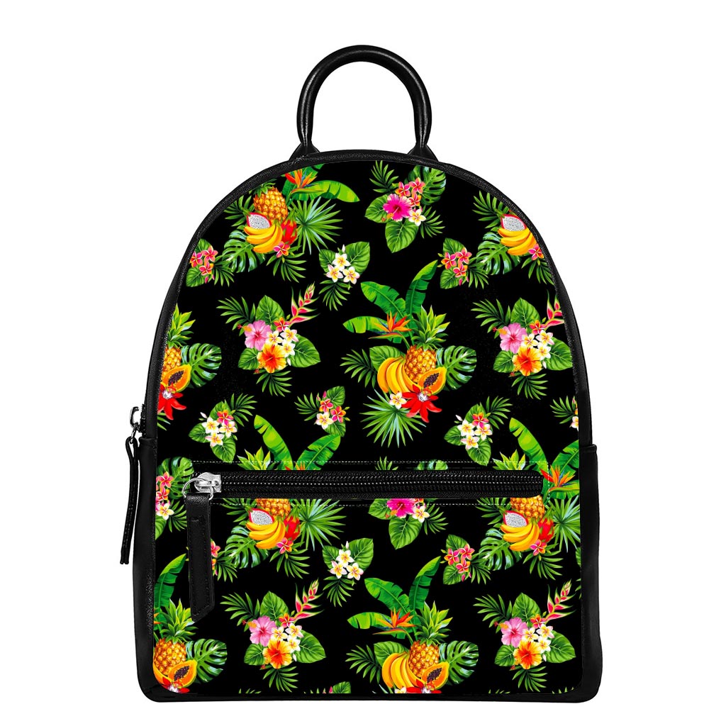 Black Tropical Hawaiian Pattern Print Leather Backpack