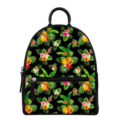 Black Tropical Hawaiian Pattern Print Leather Backpack