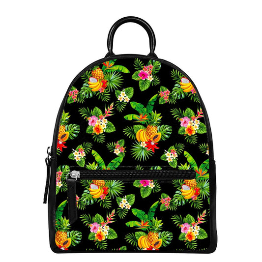 Black Tropical Hawaiian Pattern Print Leather Backpack
