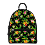 Black Tropical Hawaiian Pattern Print Leather Backpack