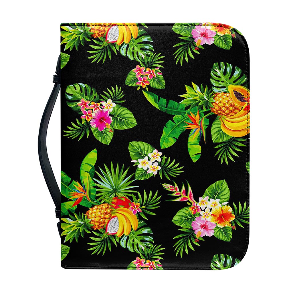 Black Tropical Hawaiian Pattern Print Leather Bible Cover