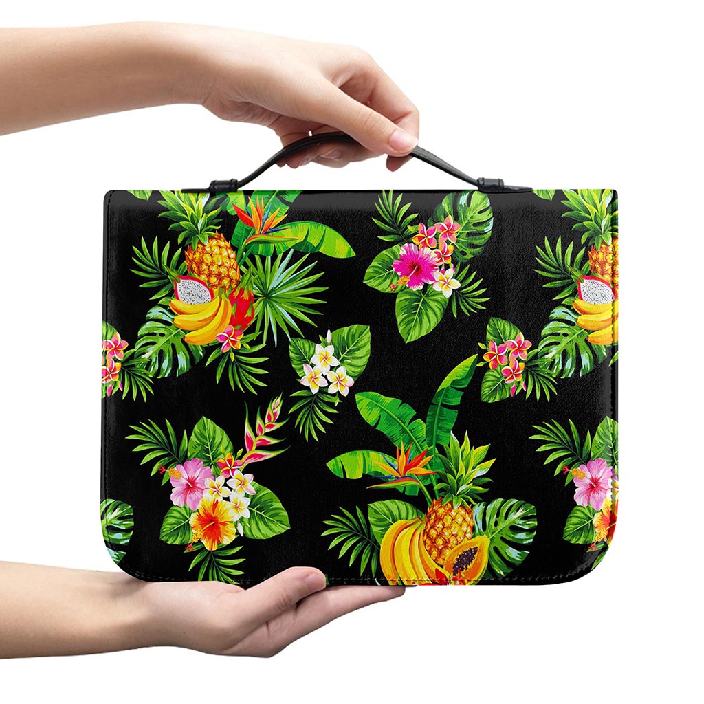Black Tropical Hawaiian Pattern Print Leather Bible Cover