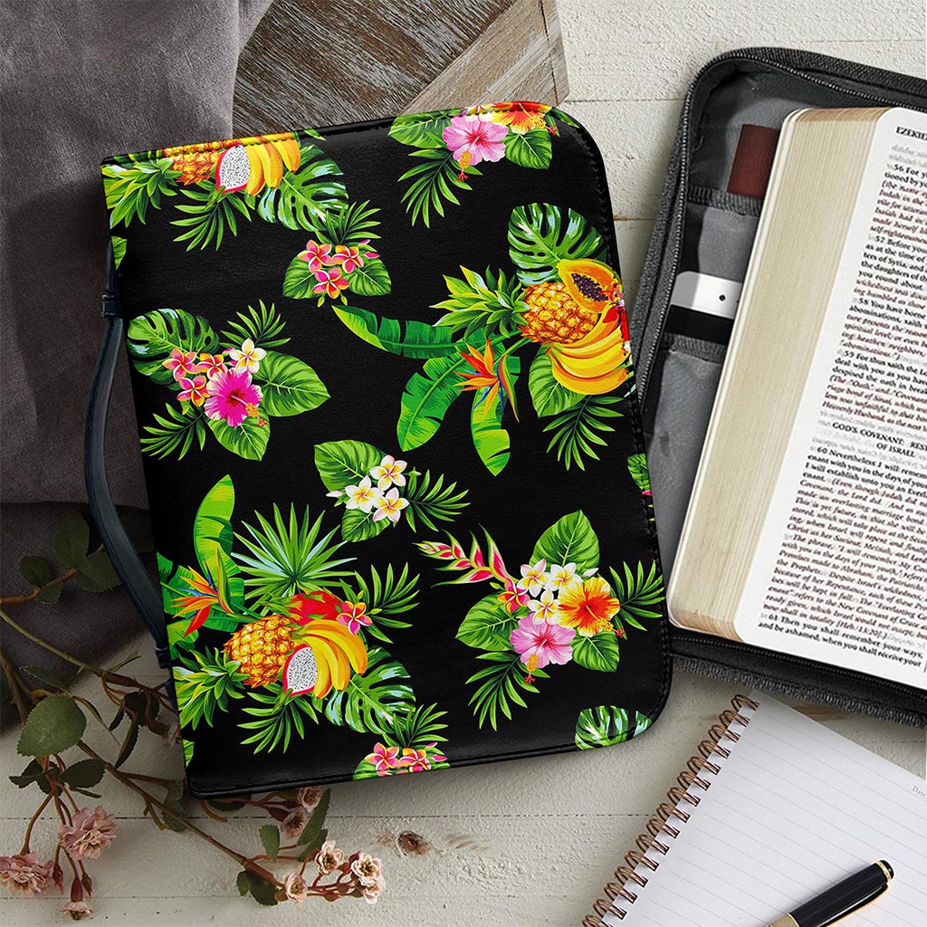 Black Tropical Hawaiian Pattern Print Leather Bible Cover