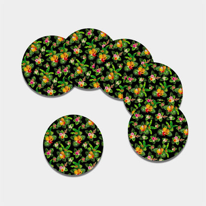 Black Tropical Hawaiian Pattern Print Leather Coaster Set
