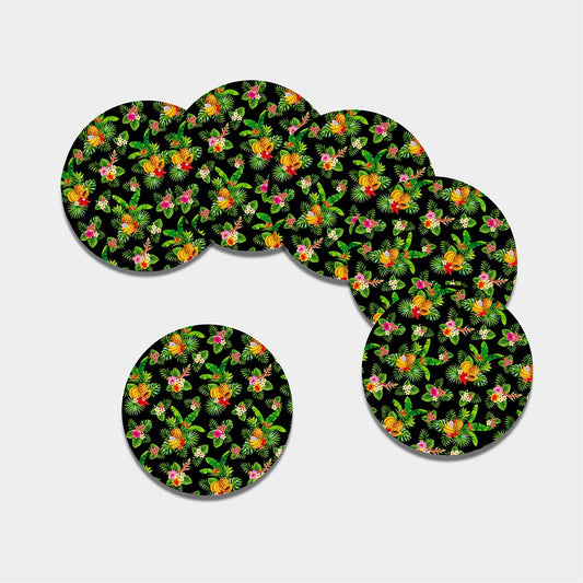 Black Tropical Hawaiian Pattern Print Leather Coaster Set