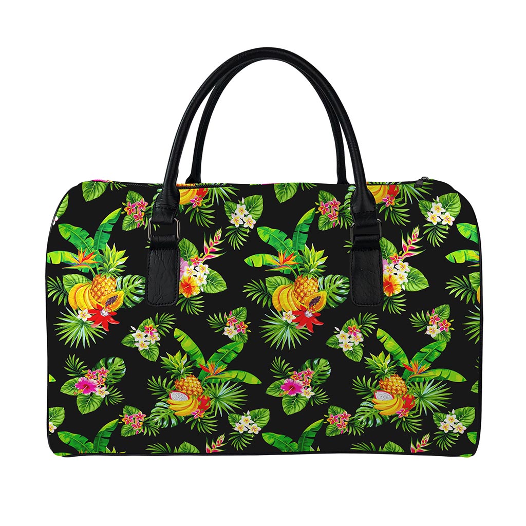 Black Tropical Hawaiian Pattern Print Leather Duffle Bag