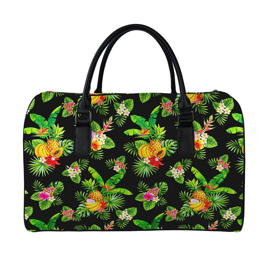 Black Tropical Hawaiian Pattern Print Leather Duffle Bag
