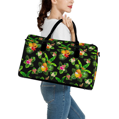 Black Tropical Hawaiian Pattern Print Leather Duffle Bag