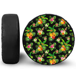 Black Tropical Hawaiian Pattern Print Leather Spare Tire Cover