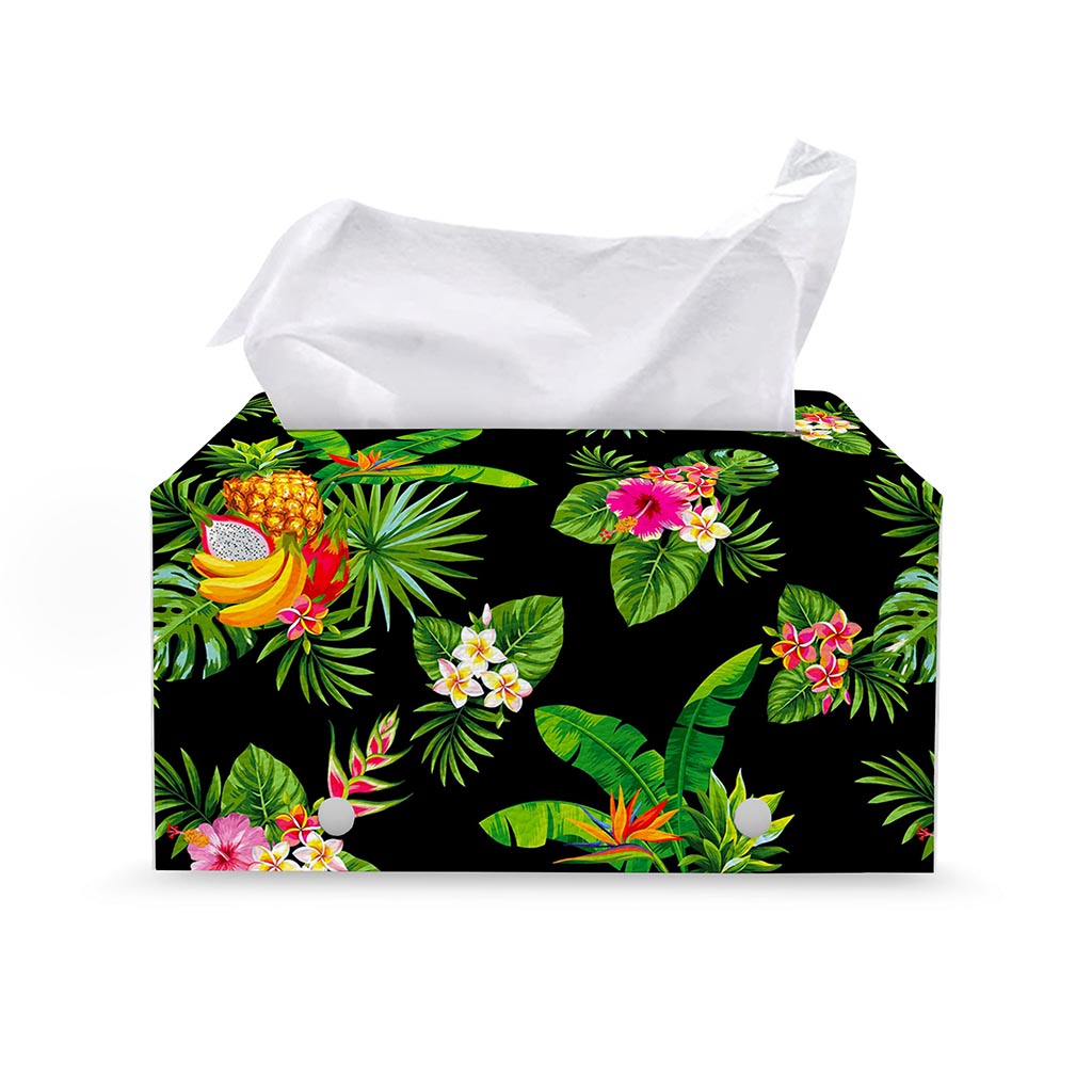 Black Tropical Hawaiian Pattern Print Leather Tissue Box Cover