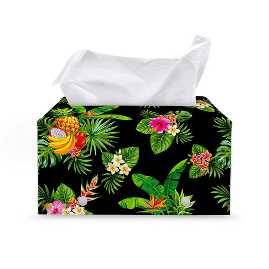 Black Tropical Hawaiian Pattern Print Leather Tissue Box Cover