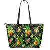 Black Tropical Hawaiian Pattern Print Leather Tote Bag