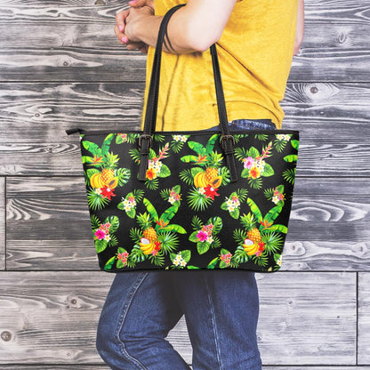 Black Tropical Hawaiian Pattern Print Leather Tote Bag
