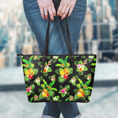 Black Tropical Hawaiian Pattern Print Leather Tote Bag