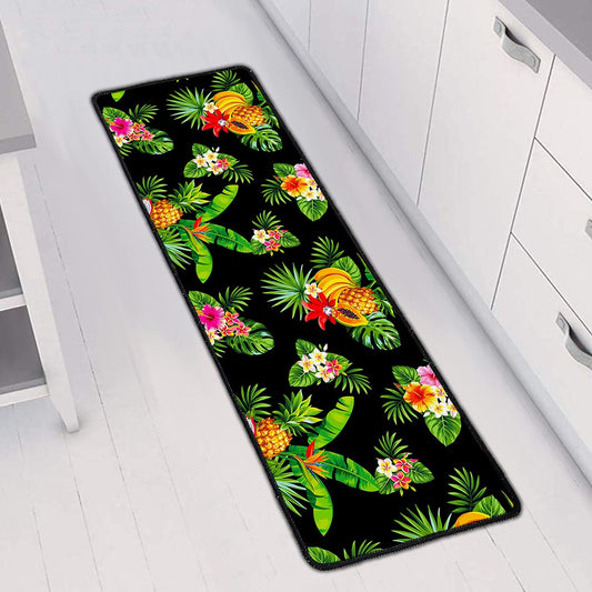Black Tropical Hawaiian Pattern Print Long Kitchen Mat