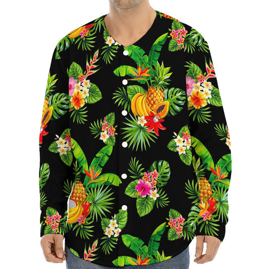 Black Tropical Hawaiian Pattern Print Long Sleeve Baseball Jersey