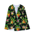 Black Tropical Hawaiian Pattern Print Long Sleeve Short Coat