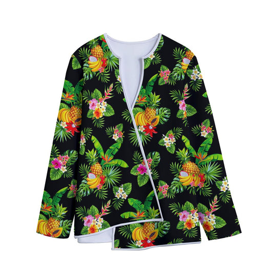 Black Tropical Hawaiian Pattern Print Long Sleeve Short Coat