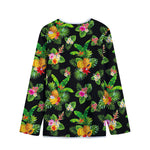 Black Tropical Hawaiian Pattern Print Long Sleeve Short Coat