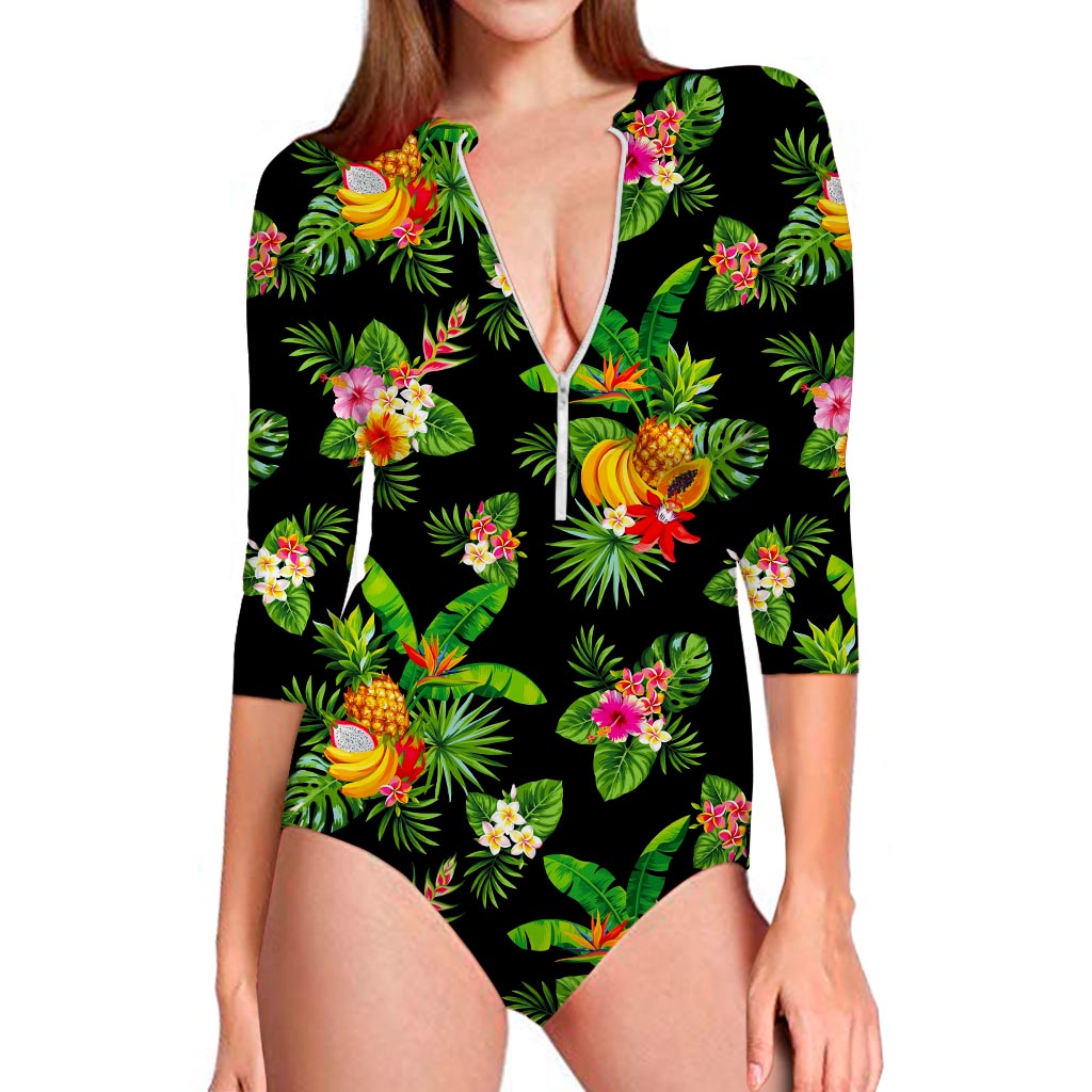 Black Tropical Hawaiian Pattern Print Long Sleeve Swimsuit