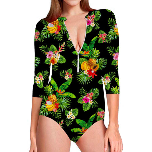 Black Tropical Hawaiian Pattern Print Long Sleeve Swimsuit