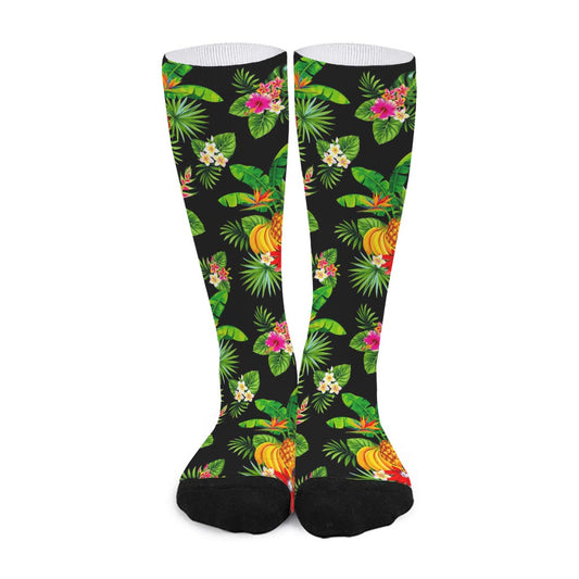 Black Tropical Hawaiian Pattern Print Long Socks