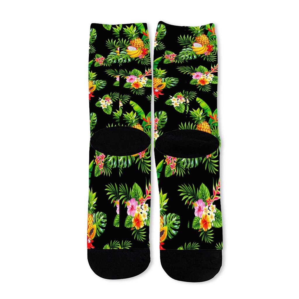 Black Tropical Hawaiian Pattern Print Long Socks