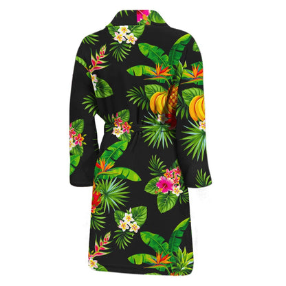 Black Tropical Hawaiian Pattern Print Men's Bathrobe