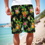 Black Tropical Hawaiian Pattern Print Men's Cargo Shorts