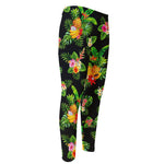 Black Tropical Hawaiian Pattern Print Men's Compression Pants