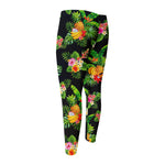 Black Tropical Hawaiian Pattern Print Men's Compression Pants