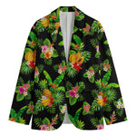 Black Tropical Hawaiian Pattern Print Men's Cotton Blazer