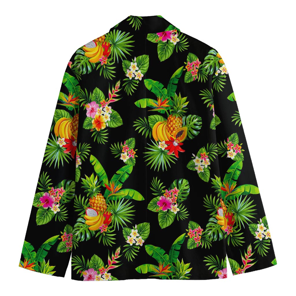 Black Tropical Hawaiian Pattern Print Men's Cotton Blazer