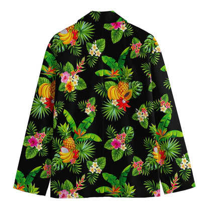 Black Tropical Hawaiian Pattern Print Men's Cotton Blazer