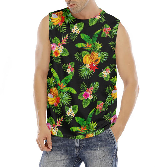 Black Tropical Hawaiian Pattern Print Men's Fitness Tank Top