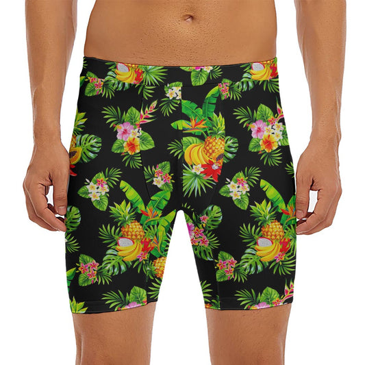 Black Tropical Hawaiian Pattern Print Men's Long Boxer Briefs