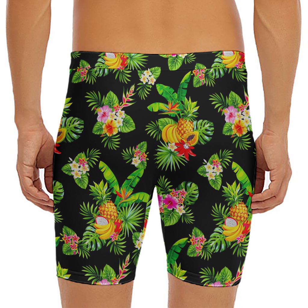 Black Tropical Hawaiian Pattern Print Men's Long Boxer Briefs